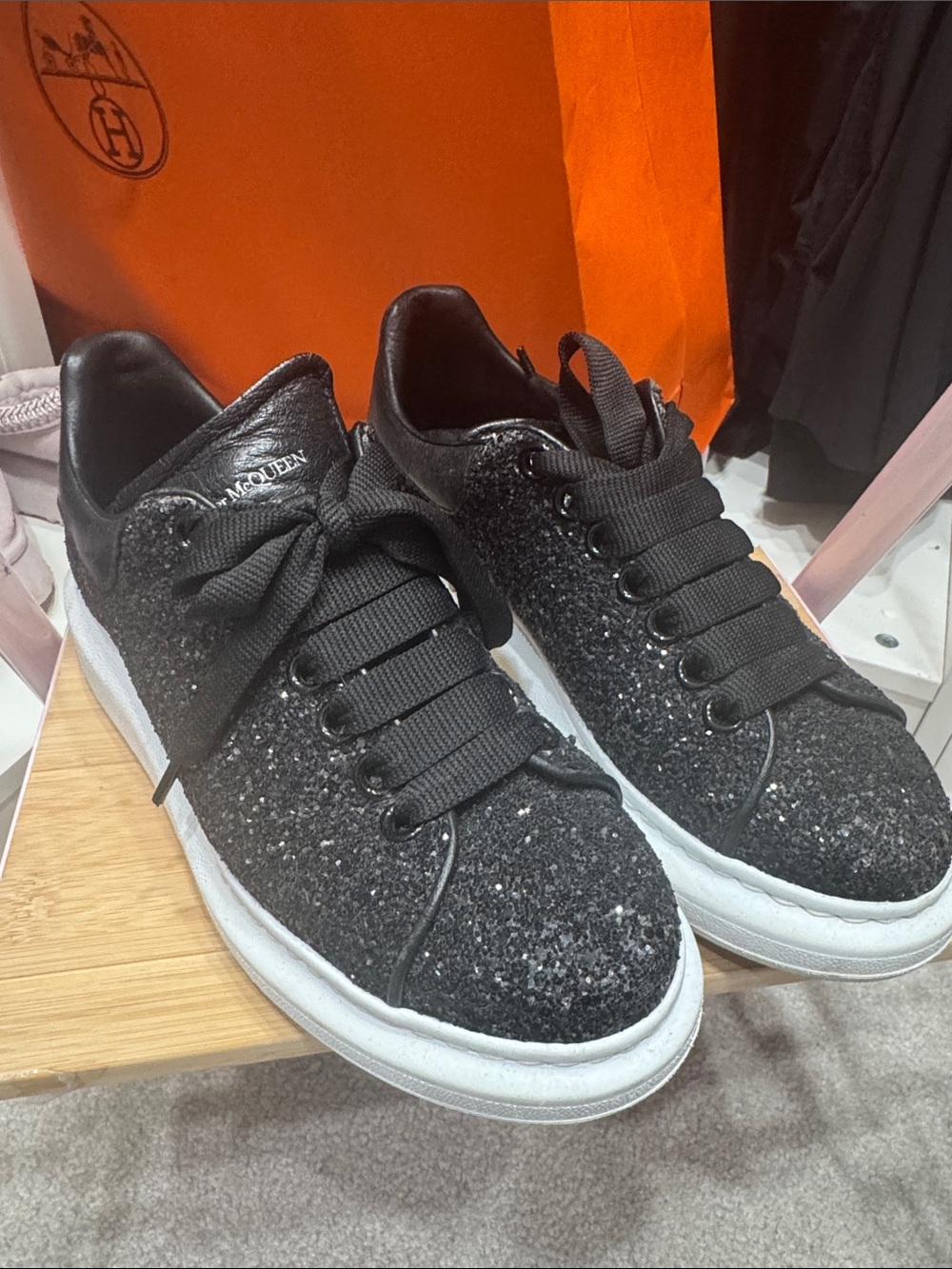 Alexander McQueen Black Glitter Platform Sneakers